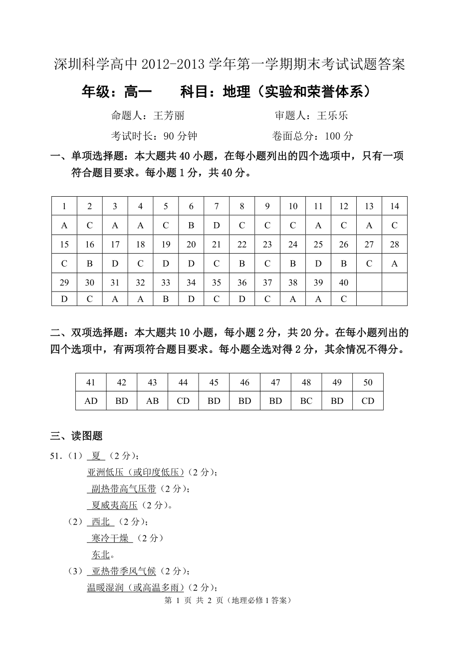 深圳中学学第一学段调研考试试题卷_第1页