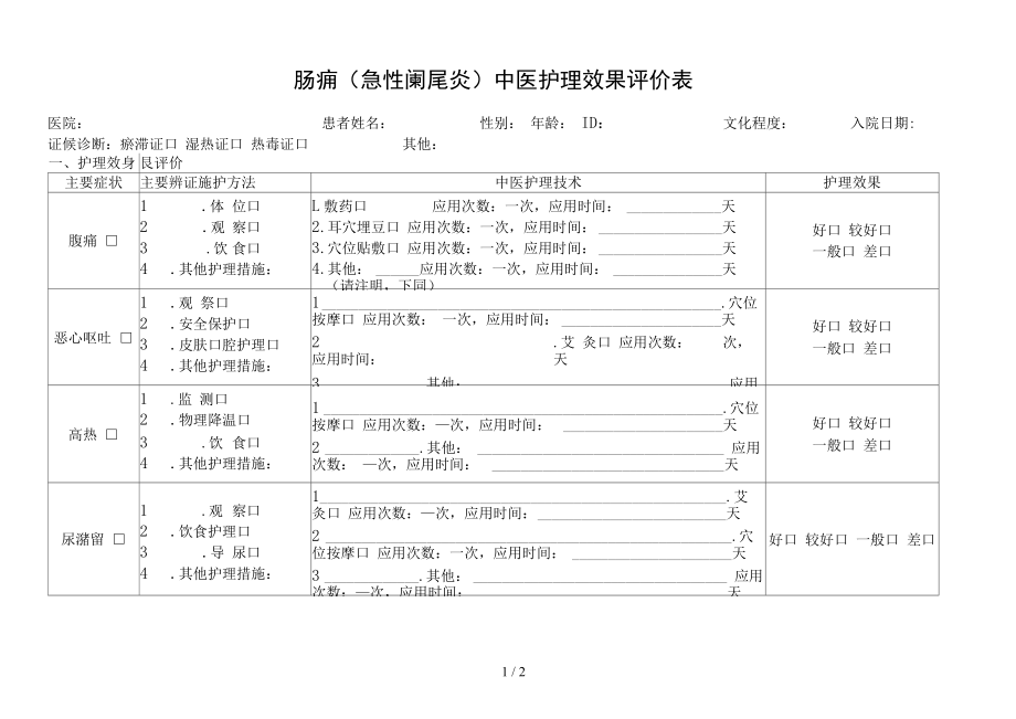 外科单病种肠痈中医护理效果评价表_第1页