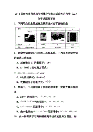 云南省师范大学附属中学高三适应性月考卷（二）化学试题及答案