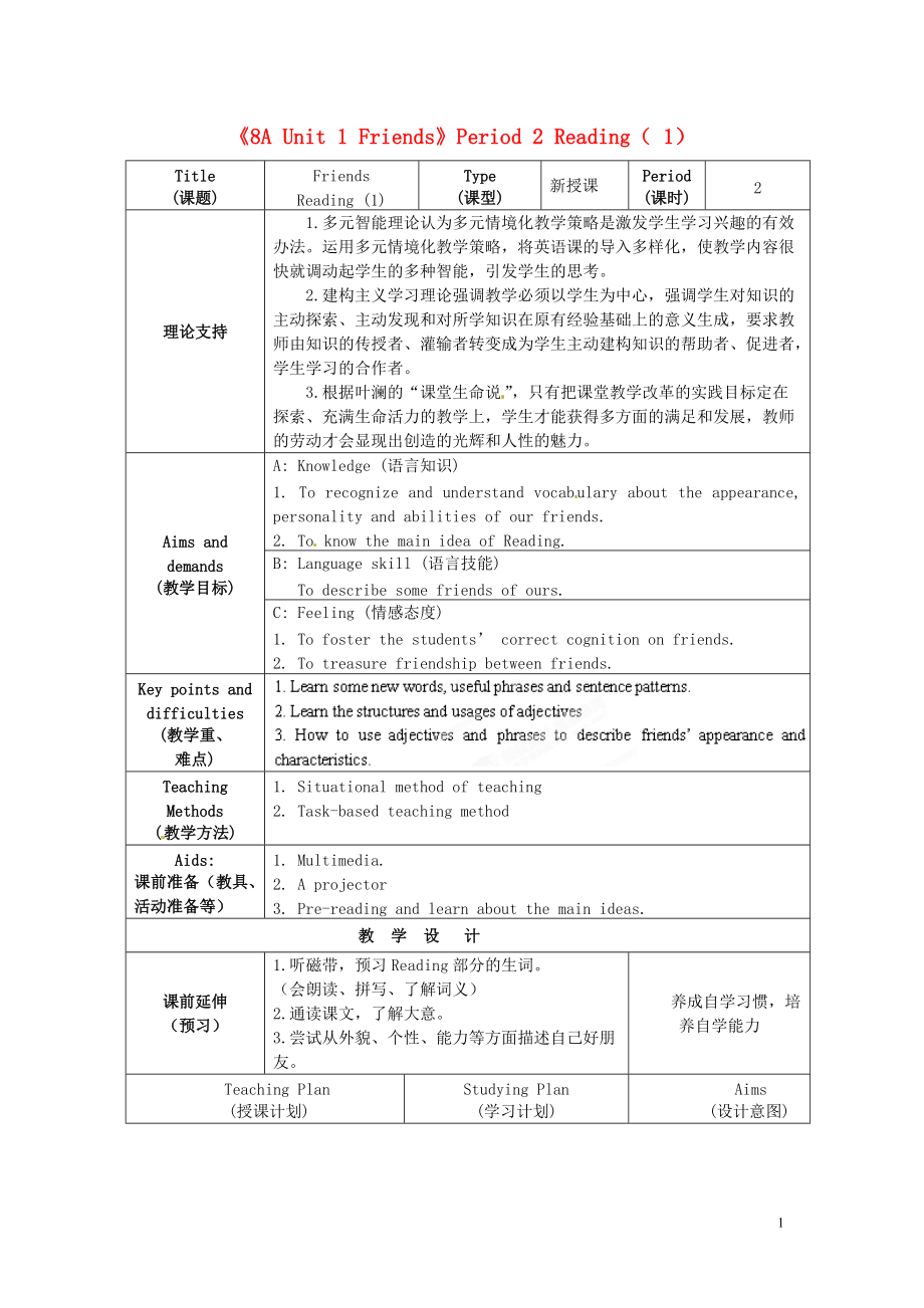 江蘇省海安縣大公初級中學(xué)八年級英語上冊《8A Unit 1 Friends》Period 2 Reading（1）教案 牛津版_第1頁