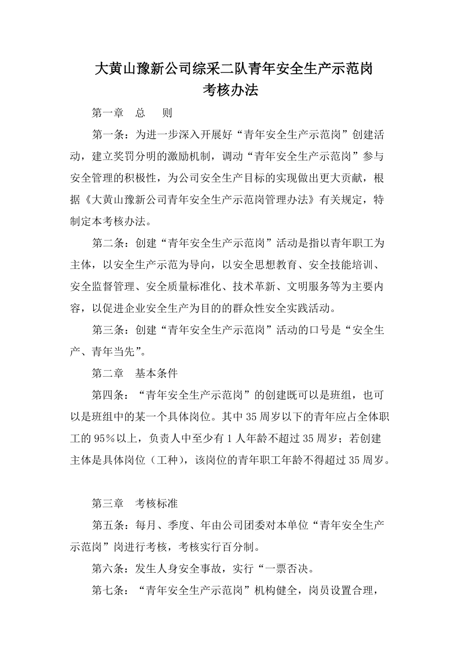 大黄山豫新公司综采二队青年安全生产示范岗考核办法_第1页