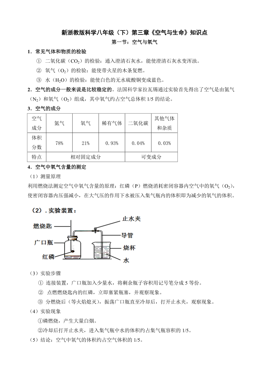 2017新浙教版八年級(jí)下冊(cè)科學(xué)第三章《空氣與生命》知識(shí)點(diǎn)歸納_第1頁(yè)