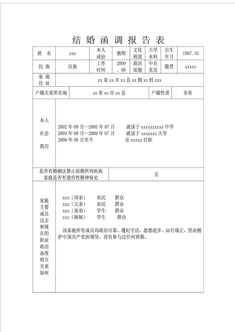 准军嫂结婚函调报告表