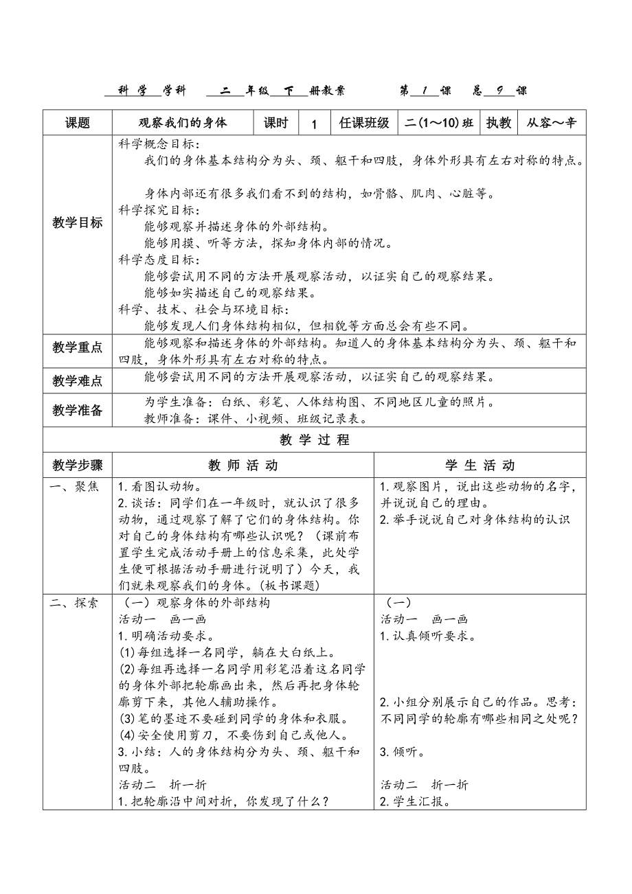 2018版二年級下冊科學教科版第二單元《我們自己》教案[13頁]_第1頁