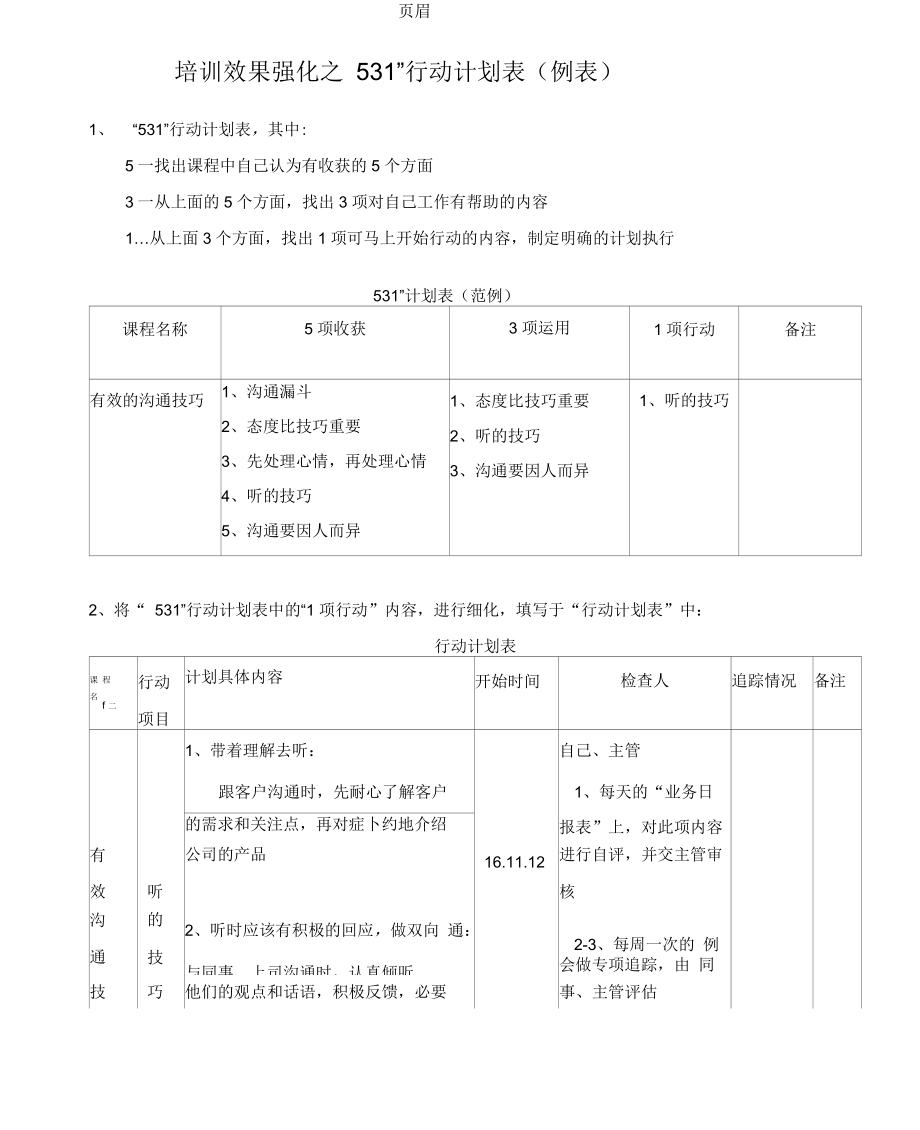 培训效果强化之“531”行动计划表_第1页