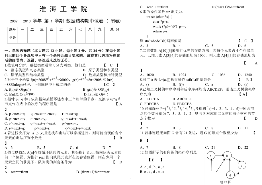 数据结构期中试题及参考答案_第1页