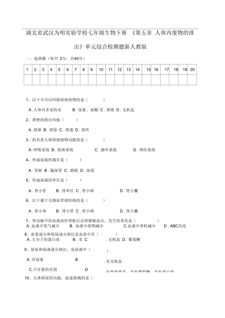 湖北省武漢為明實驗學校七年級生物下冊《第五章人體內(nèi)廢物的排出》單元綜合檢測題(無答案)新人教版_第1頁