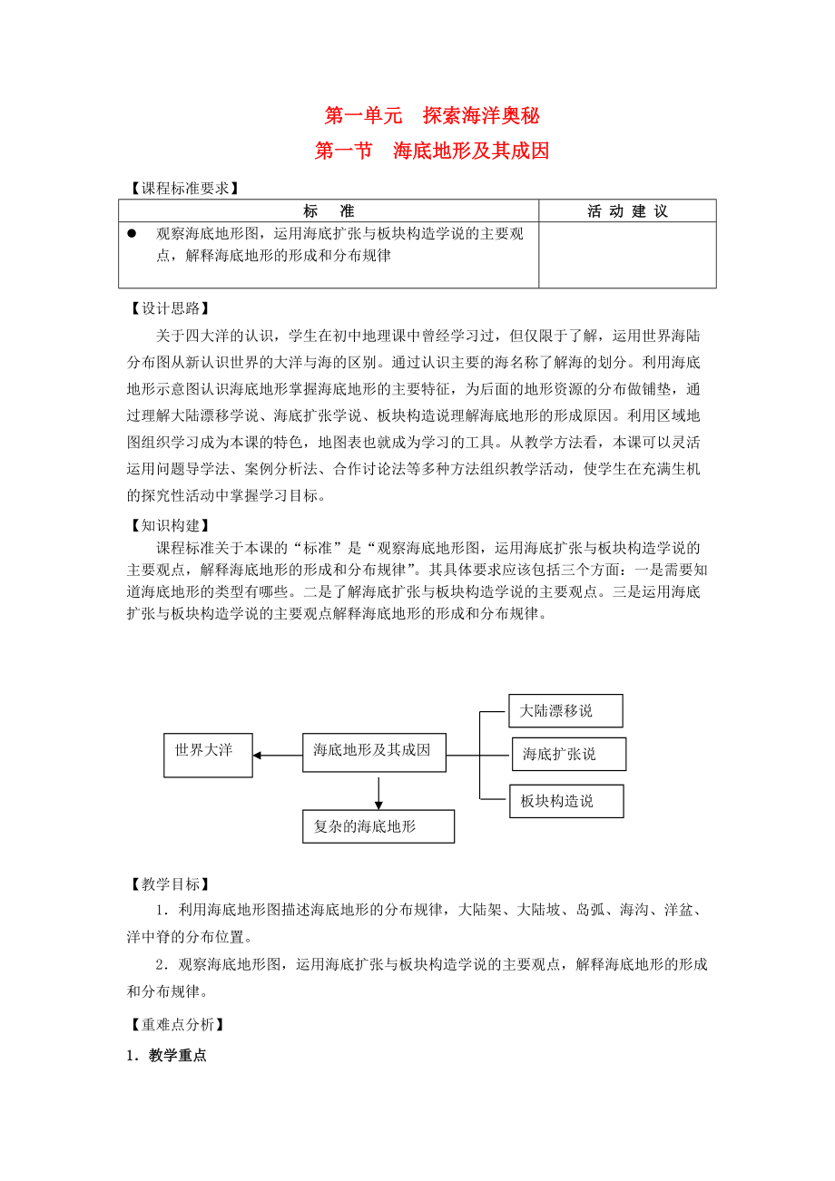 高中地理 第一單元 探索海洋奧秘 1.1 海底地形及其成因教案 魯教版選修2_第1頁