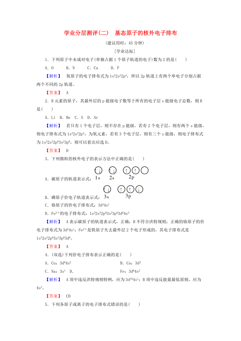 高中化學(xué) 學(xué)業(yè)分層測評2 基態(tài)原子的核外電子排布 魯科版選修3_第1頁