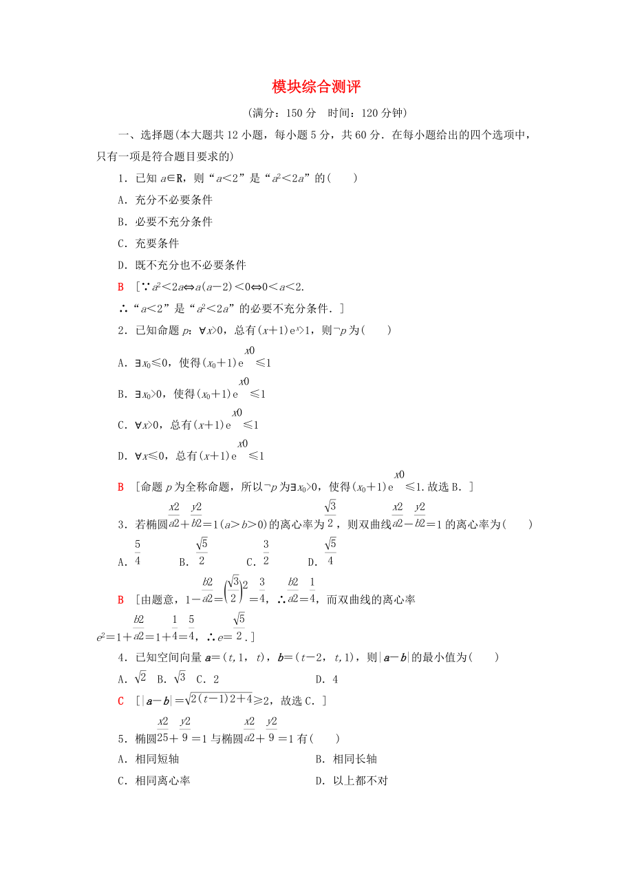 高中數(shù)學 模塊綜合測評 新人教A版選修21_第1頁