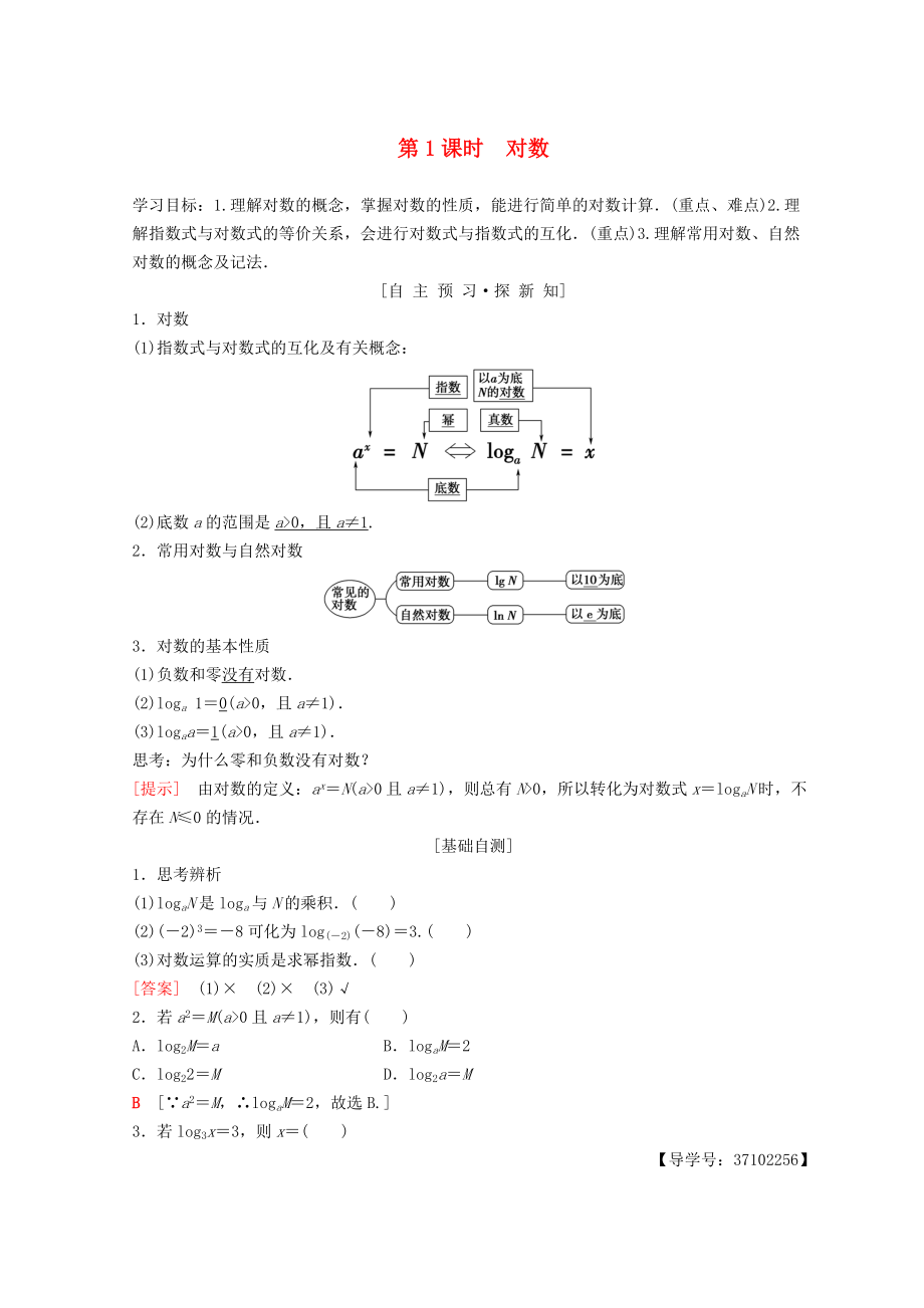 高中數(shù)學(xué) 第二章 基本初等函數(shù)Ⅰ2.2 對(duì)數(shù)函數(shù) 2.2.1 對(duì)數(shù)與對(duì)數(shù)運(yùn)算 第1課時(shí) 對(duì)數(shù)學(xué)案 新人教A版必修1_第1頁(yè)