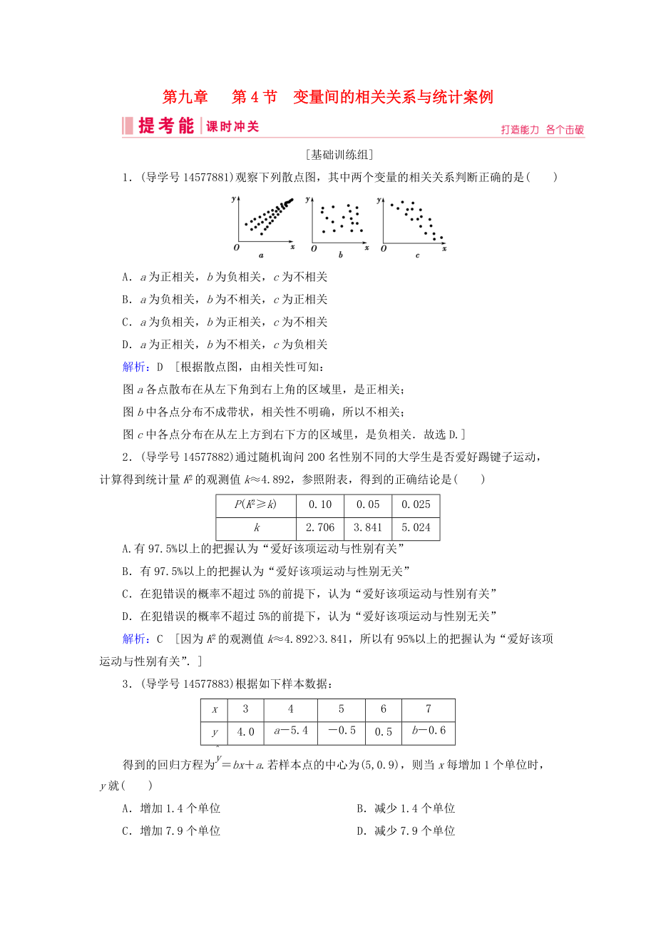 高考數(shù)學(xué)一輪復(fù)習(xí) 第九章 算法初步、統(tǒng)計(jì)與統(tǒng)計(jì)案例 第4節(jié) 變量間的相關(guān)關(guān)系與統(tǒng)計(jì)案例練習(xí) 新人教A版_第1頁(yè)