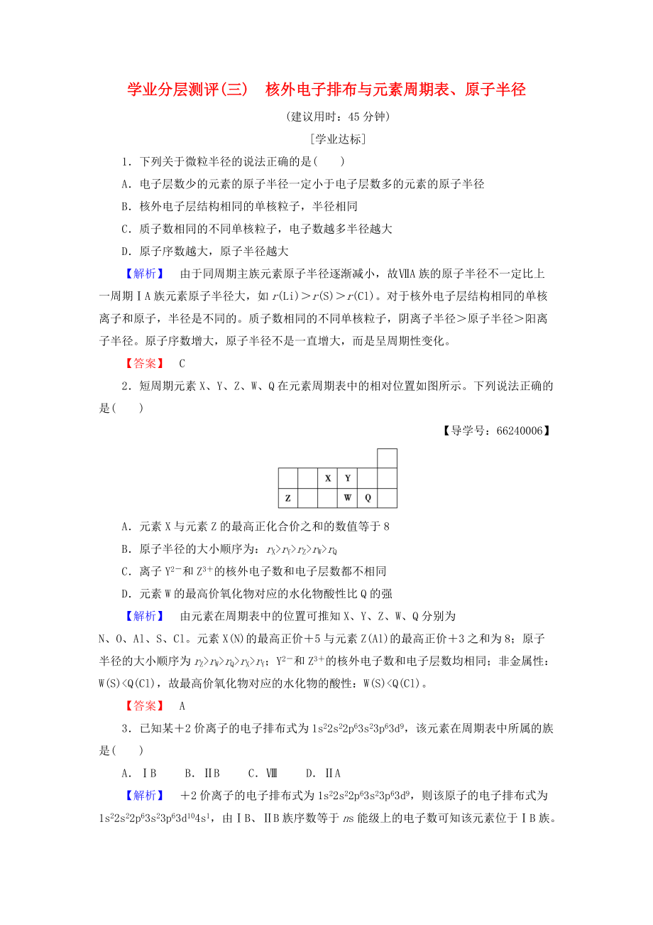 高中化學(xué) 學(xué)業(yè)分層測評3 核外電子排布與元素周期表、原子半徑 魯科版選修3_第1頁