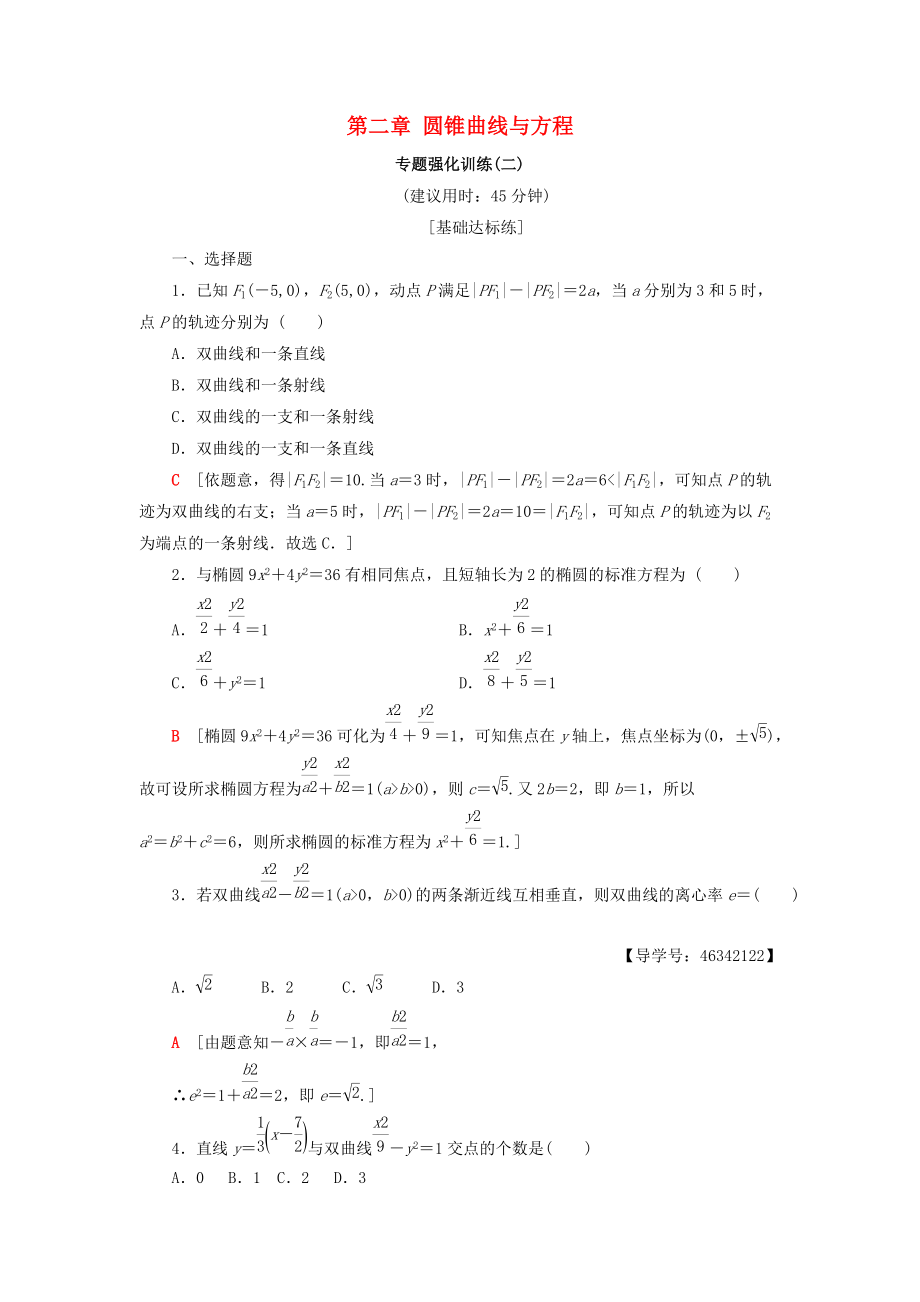 高中數(shù)學(xué) 第二章 圓錐曲線與方程專題強(qiáng)化訓(xùn)練 新人教A版選修21_第1頁