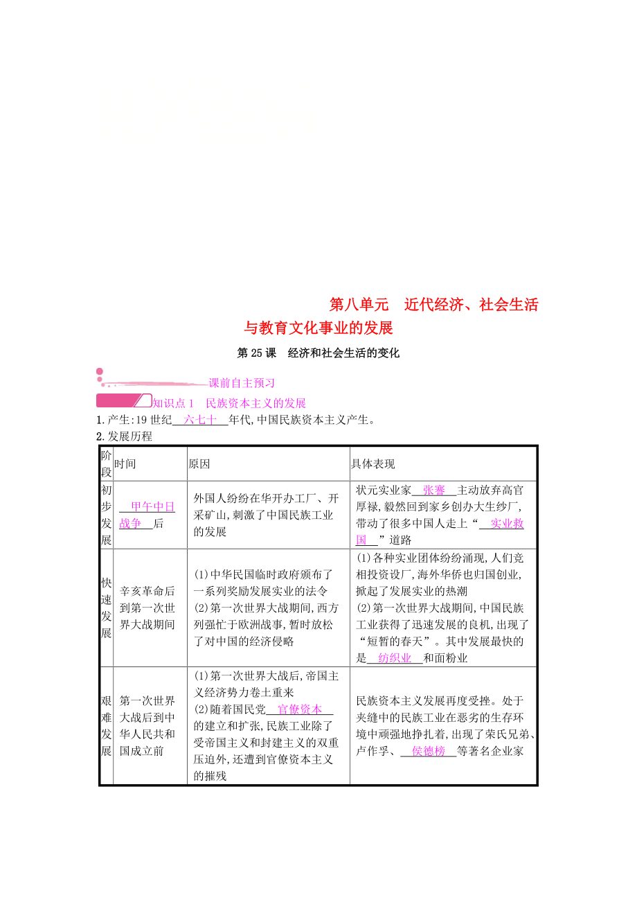 八年级历史上册 第八单元 近代经济、社会生活与教育文化事业的发展 第25课 经济和社会生活的变化课时作业 新人教版_第1页