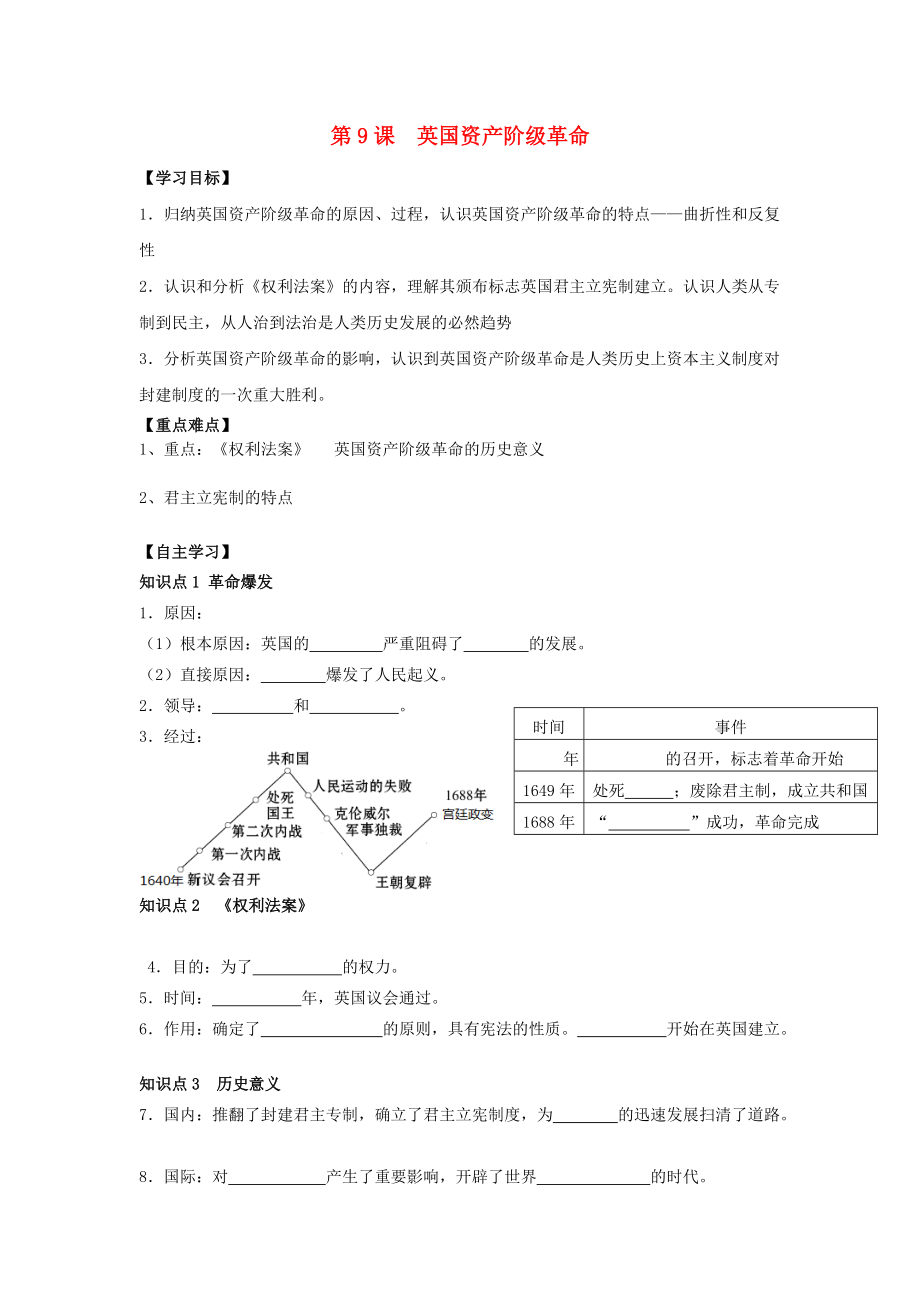 九年級歷史上冊 第2單元 歐美主要國家的社會巨變 第9課 英國資產(chǎn)階級革命導(dǎo)學案 岳麓版_第1頁