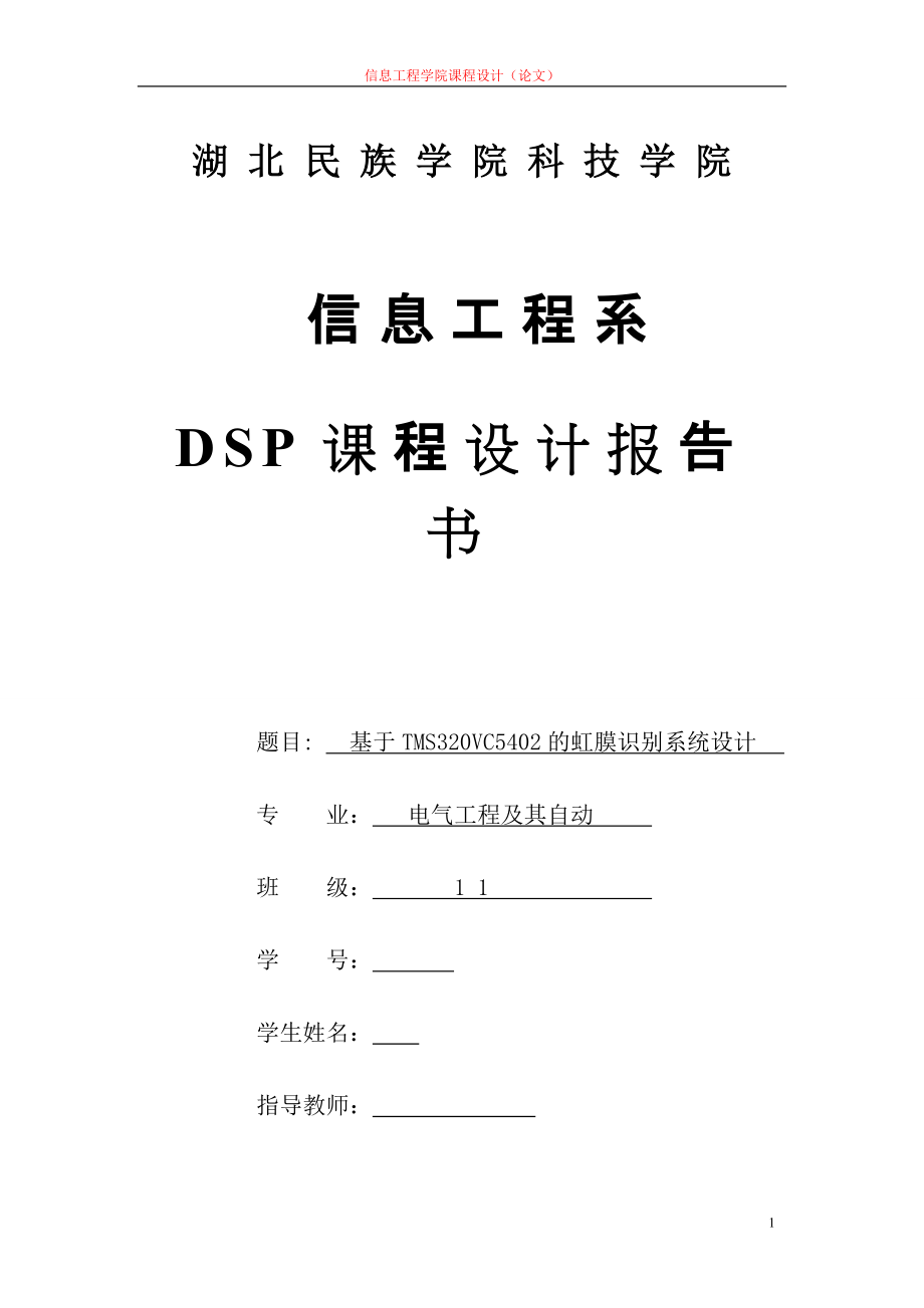 DSP课程设计报告书基于TMS320VC5402的虹膜识别系统设计_第1页