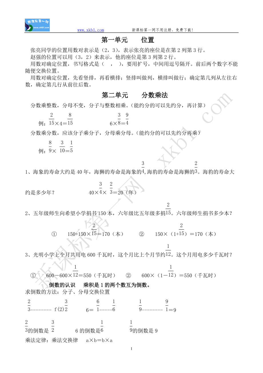 六年级上册数学复习提纲_第1页