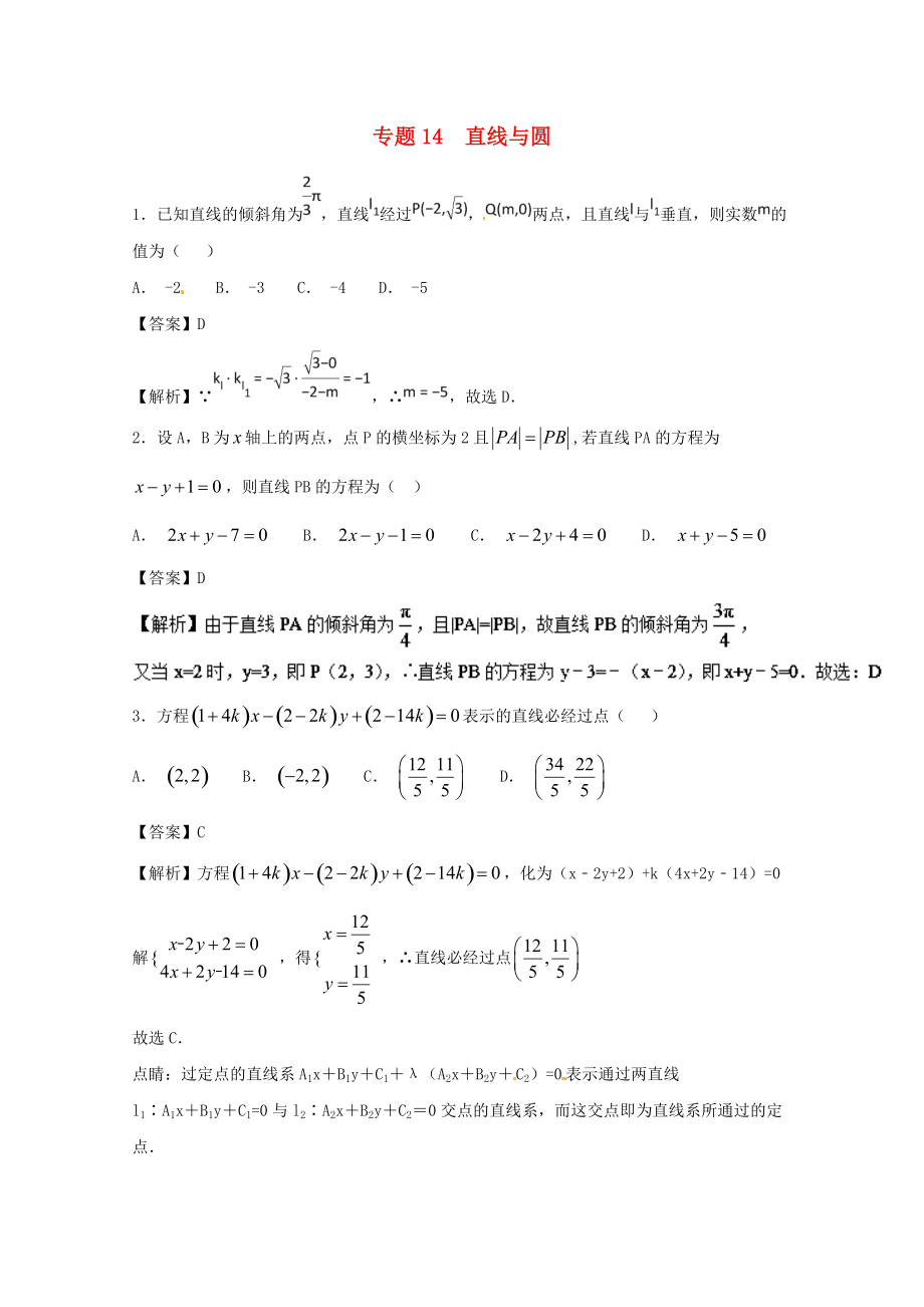 高考數(shù)學(xué)一輪復(fù)習(xí) 小題精練系列 專題14 直線與圓含解析理_第1頁