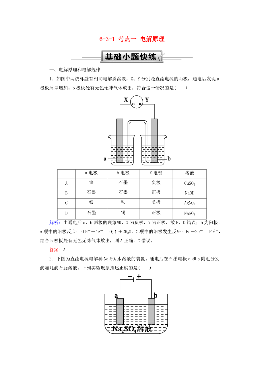 高考化學(xué)總復(fù)習(xí) 第六章 化學(xué)反應(yīng)與能量 631 考點(diǎn)一 電解原理基礎(chǔ)小題快練 新人教版_第1頁(yè)