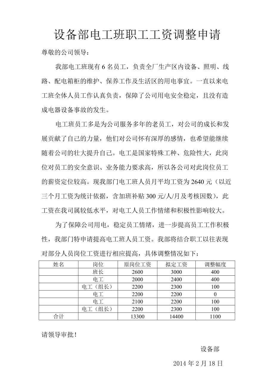 电工工资调整申请_第1页