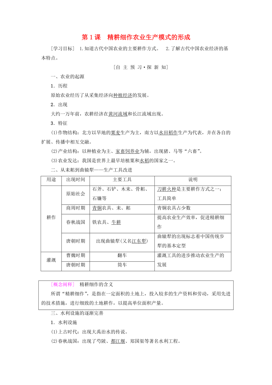 高中歷史 第一單元 中國(guó)古代的農(nóng)耕經(jīng)濟(jì) 第1課 精耕細(xì)作農(nóng)業(yè)生產(chǎn)模式的形成學(xué)案 岳麓版必修2_第1頁