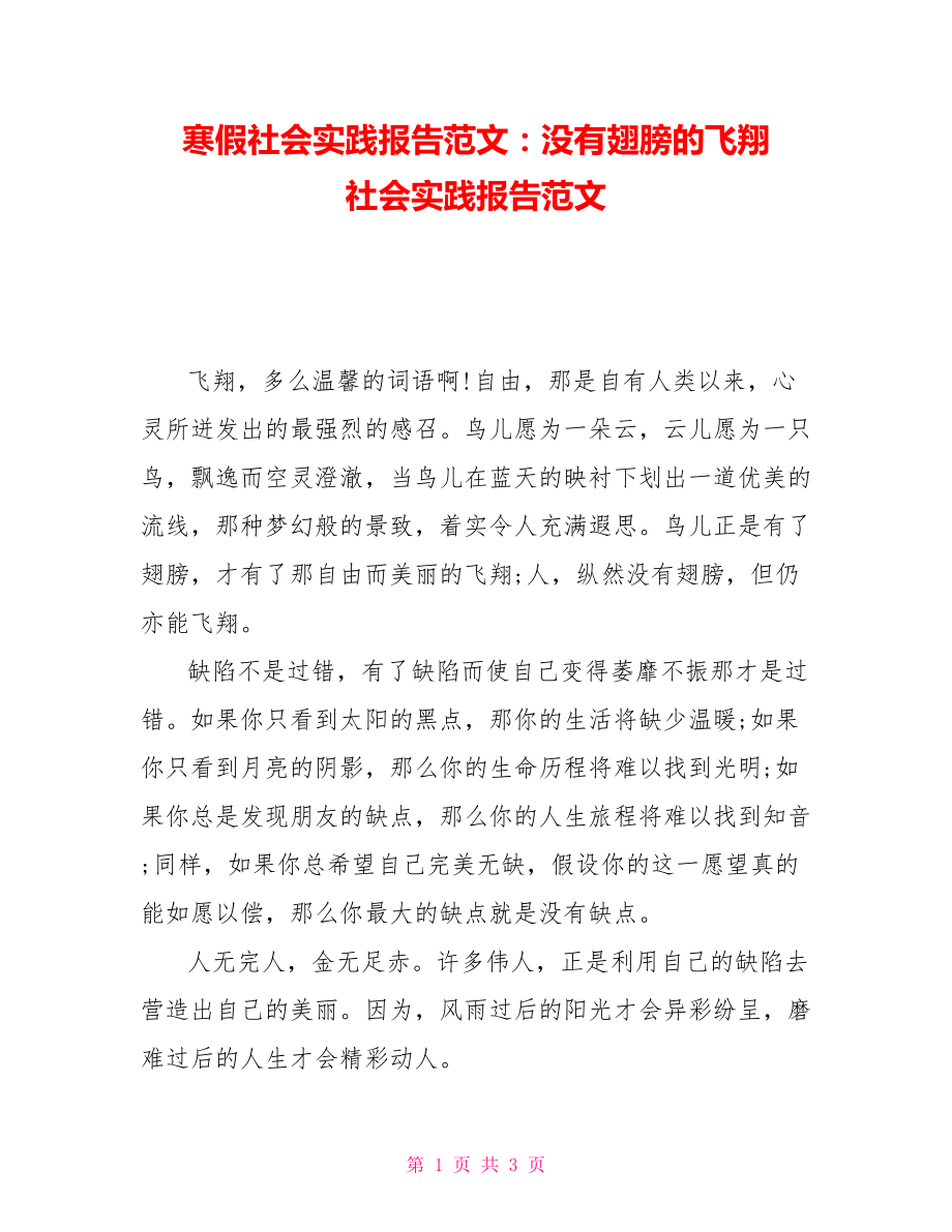 寒假社會實踐報告范文：沒有翅膀的飛翔 社會實踐報告范文_第1頁