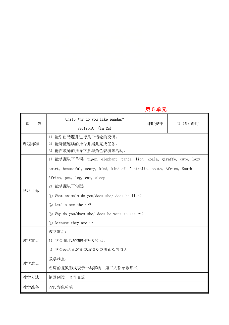 七年級(jí)英語(yǔ)下冊(cè) Unit 5 Why do you like pandas第1課時(shí)教案 新版人教新目標(biāo)版_第1頁(yè)