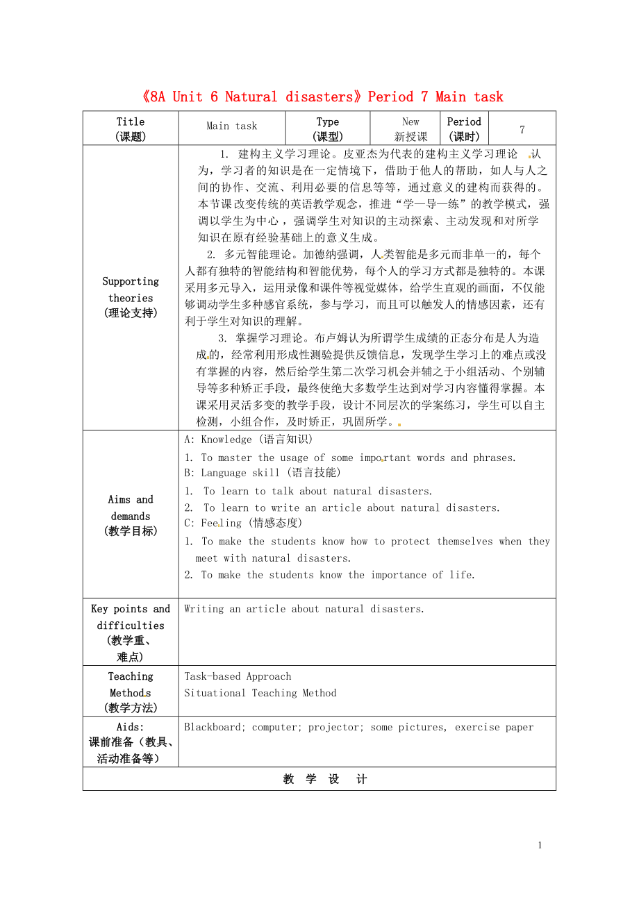 江蘇省海安縣大公初級中學(xué)八年級英語上冊《8A Unit 6 Natural disasters》Period 7 Main task教案 牛津版_第1頁