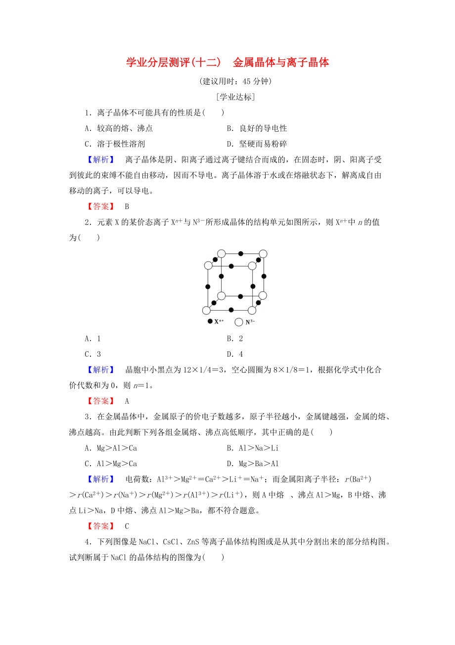 高中化學 學業(yè)分層測評12 金屬晶體與離子晶體 魯科版選修3_第1頁