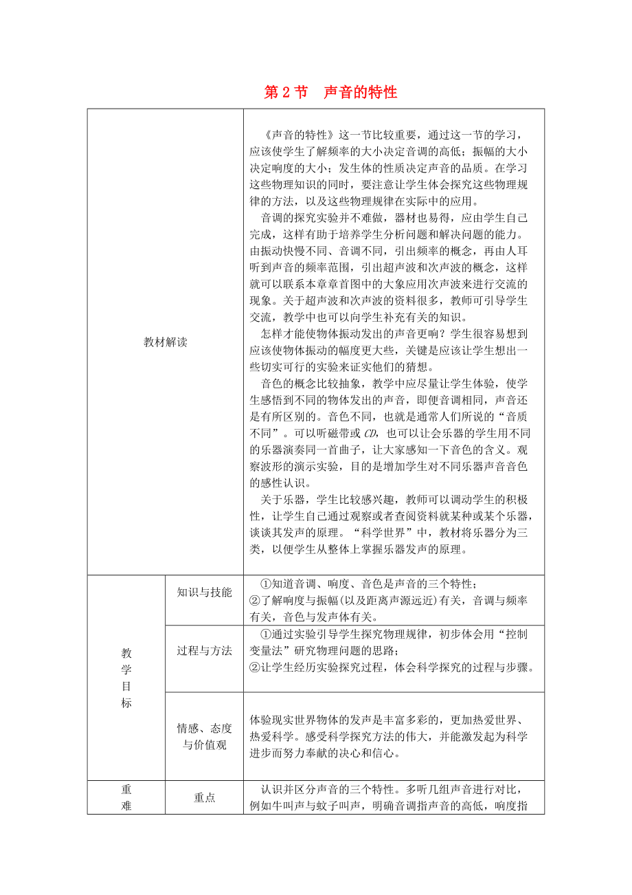 八年級物理上冊 第二章 第2節(jié) 聲音的特性教學(xué)設(shè)計 新版新人教版_第1頁