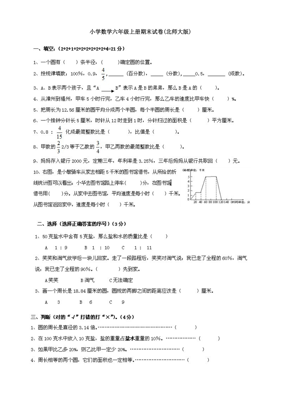 六年級上冊數(shù)學(xué)試題－－學(xué)上期末測試北師大版_第1頁