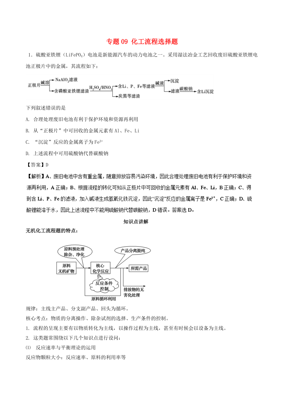 高考化学 元素及其化合物 专题09 化工流程选择题知识点讲解_第1页