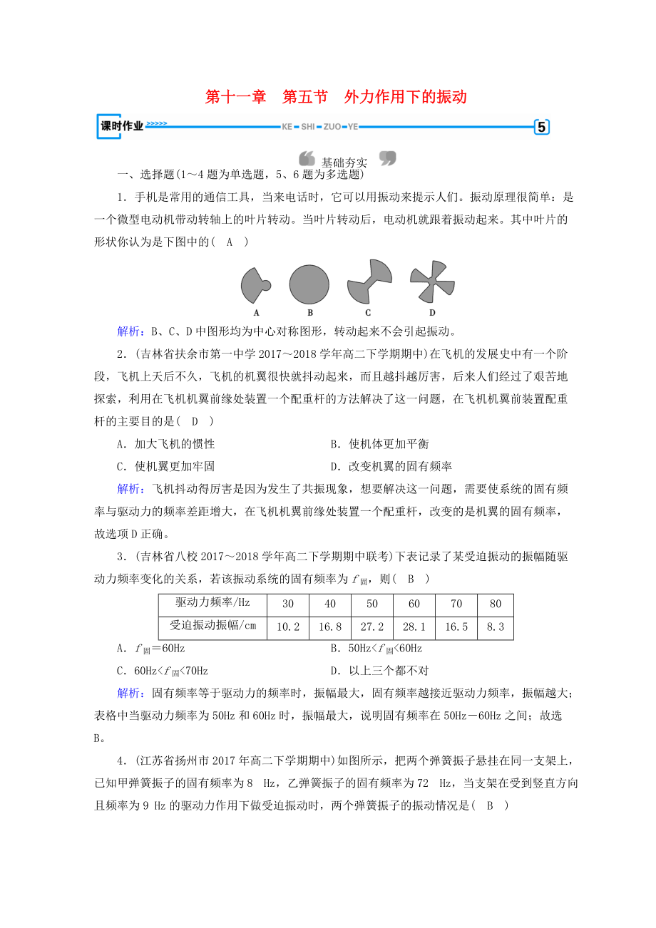 高中物理 第十一章 机械振动 第5节 外力作用下的振动课时作业 新人教版选修34_第1页