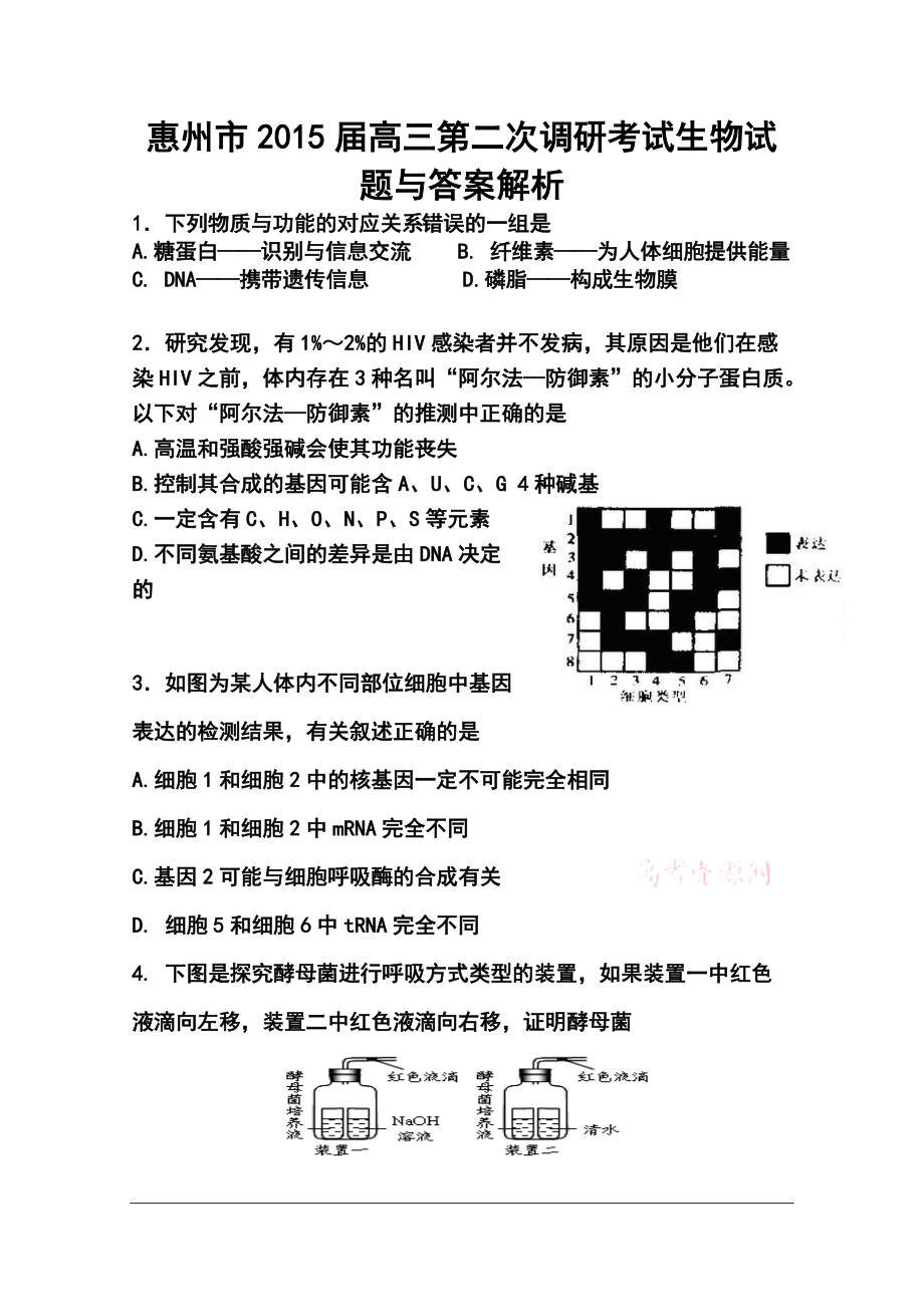 广东省惠州市高三第二次调研考试生物试题及答案_第1页