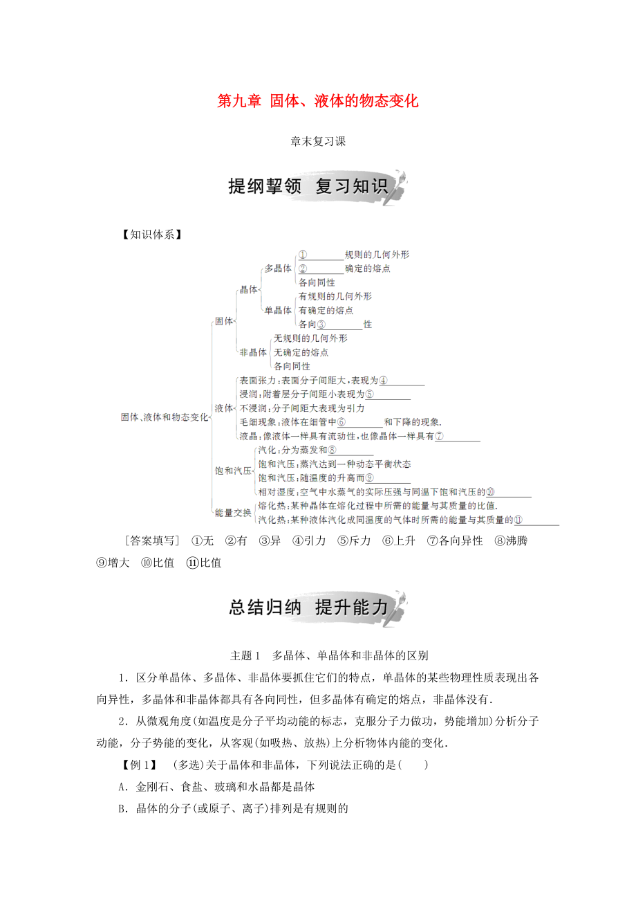 高中物理 第九章 固體、液體的物態(tài)變化章末復習課學案 新人教版選修33_第1頁