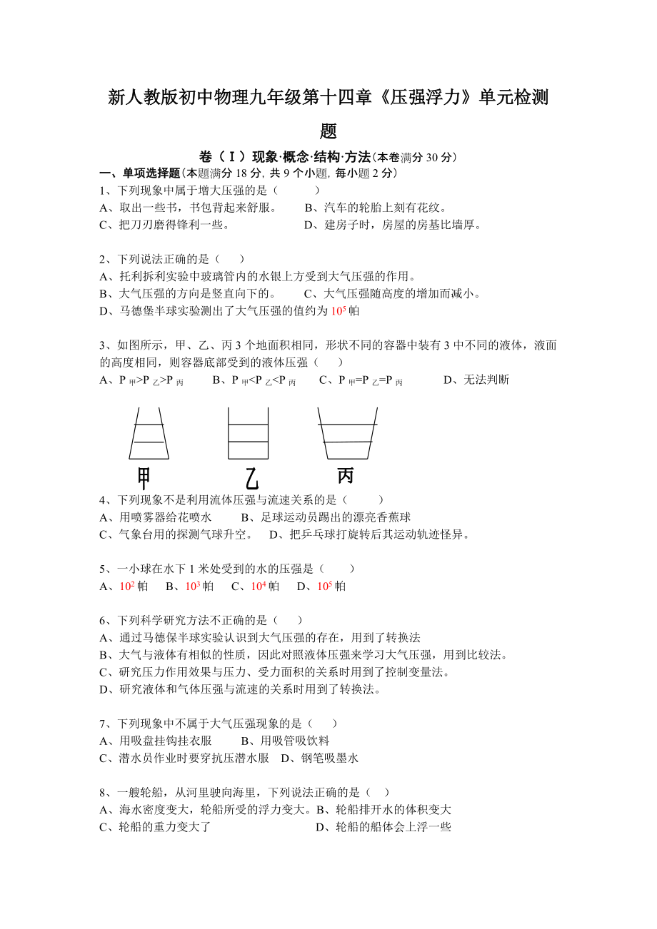 新人教版初中物理九年級(jí)第十四章《壓強(qiáng)浮力》單元檢測(cè)題_第1頁