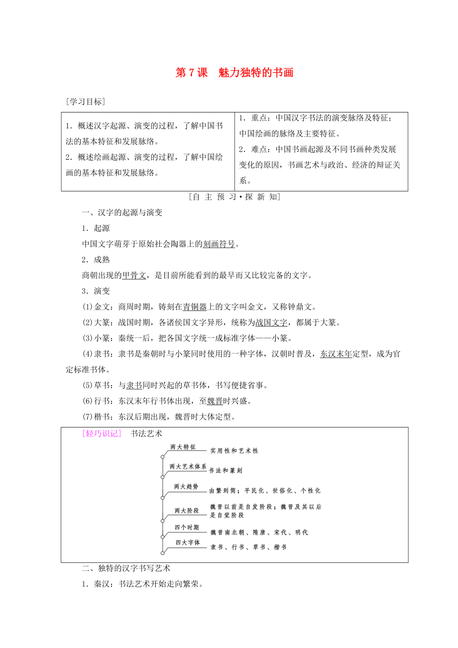 高中歷史 第2單元 古代中國(guó)的科技與文化 第7課 魅力獨(dú)特的書畫學(xué)案 北師大版必修3_第1頁(yè)