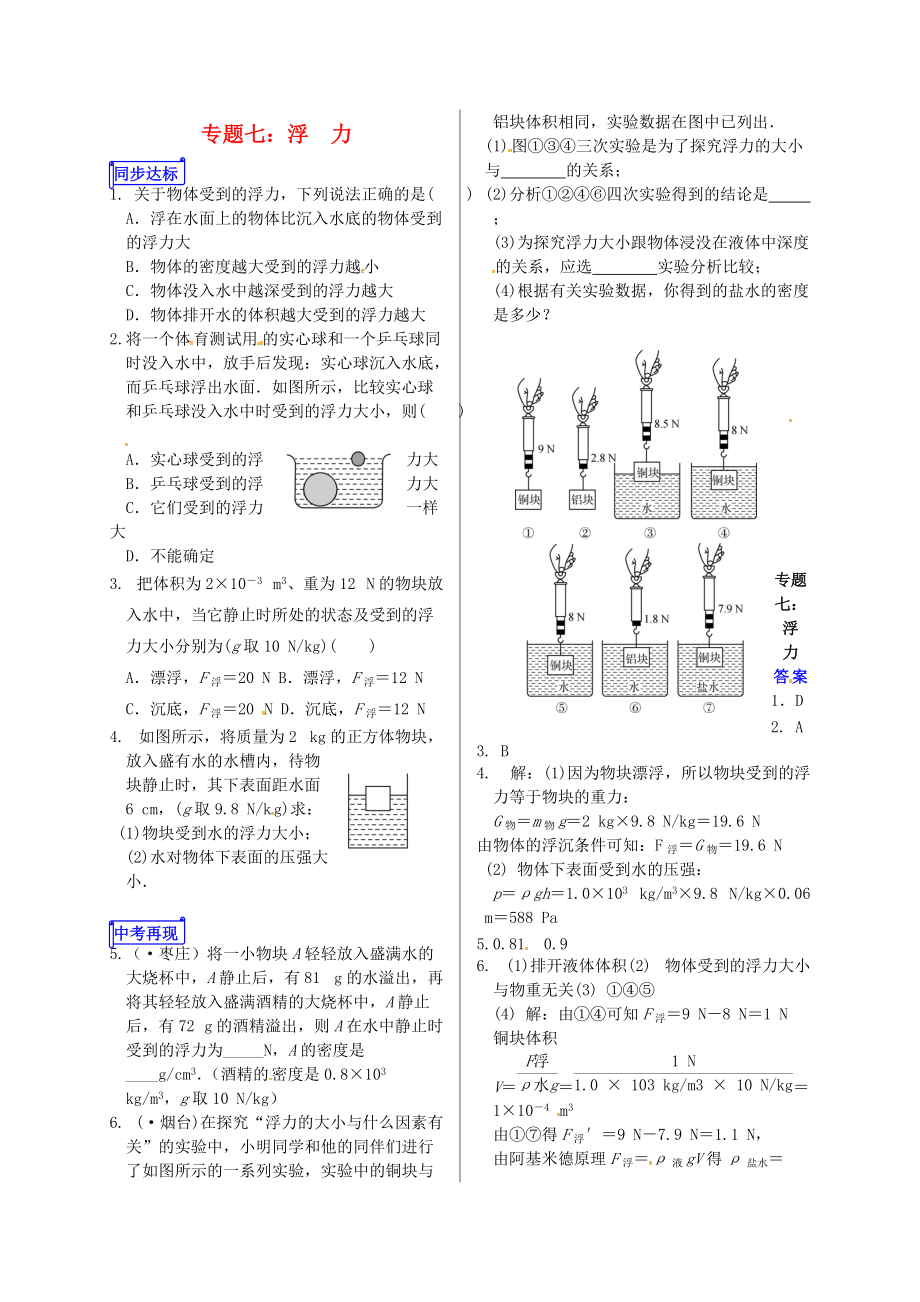 山東省郯城縣中考物理 專題七 浮力復(fù)習(xí)當(dāng)堂達(dá)標(biāo)_第1頁