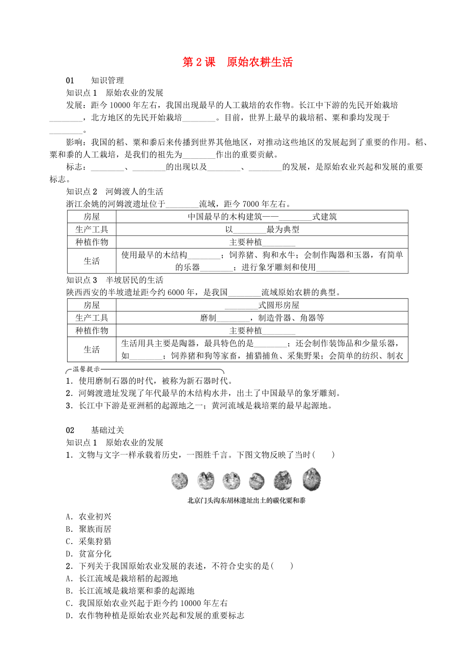 七年級歷史上冊 第一單元 史前時期：中國境內人類的活動 第2課 原始農(nóng)耕生活練習 新人教版_第1頁