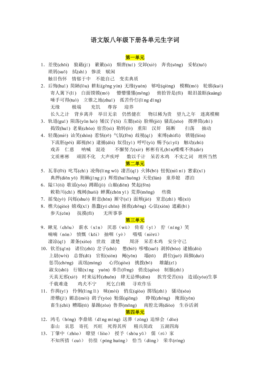 语文版八年级下册各单元生字词(校对版.doc_第1页