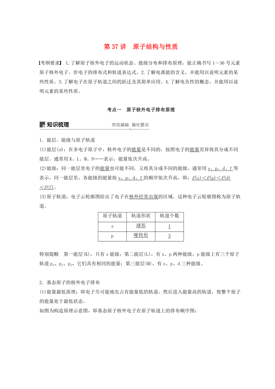 高考化學一輪綜合復習 第十二章 有機化學基礎 第37講 原子結構與性質練習_第1頁