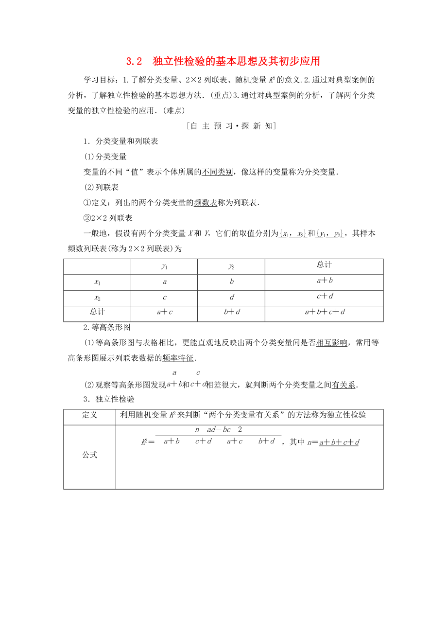 高中数学 第三章 统计案例 3.2 独立性检验的基本思想及其初步应用学案 新人教A版选修23_第1页