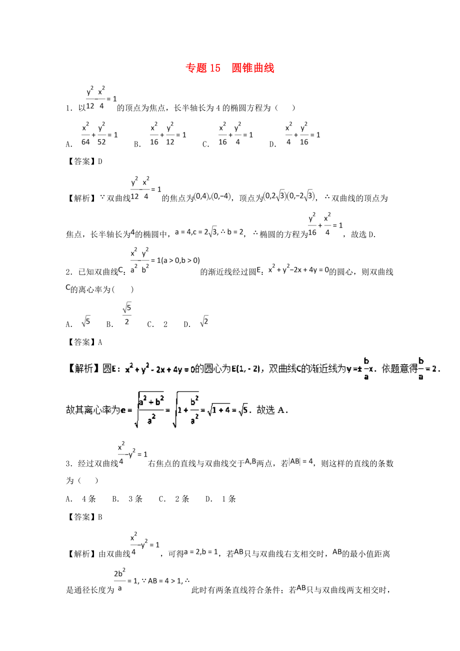 高考數(shù)學(xué)一輪復(fù)習(xí) 小題精練系列 專題15 圓錐曲線含解析理_第1頁