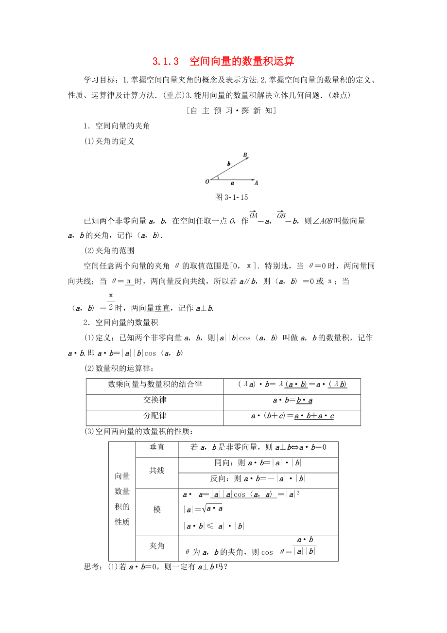 高中数学 第三章 空间向量与立体几何 3.1 空间向量及其运算 3.1.3 空间向量的数量积运算学案 新人教A版选修21_第1页