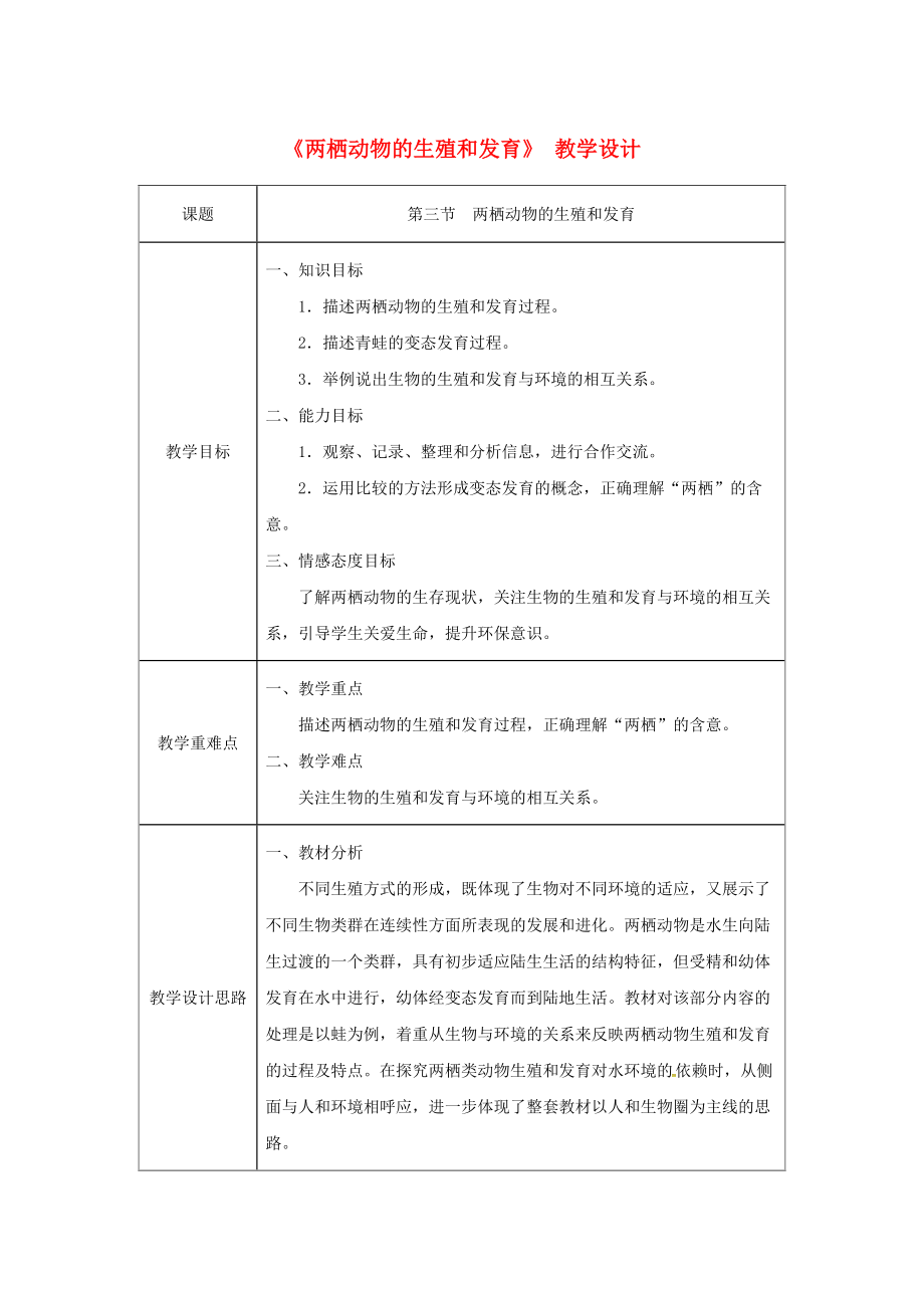 吉林省榆樹市八年級生物下冊 第七單元 第一章 第三節(jié) 兩棲動物的生殖與發(fā)育教案 新版新人教版_第1頁