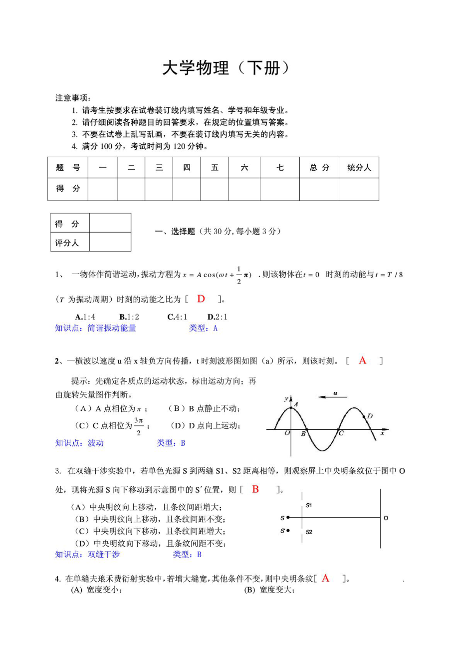 大学物理下册试卷A及答案[1]1_第1页