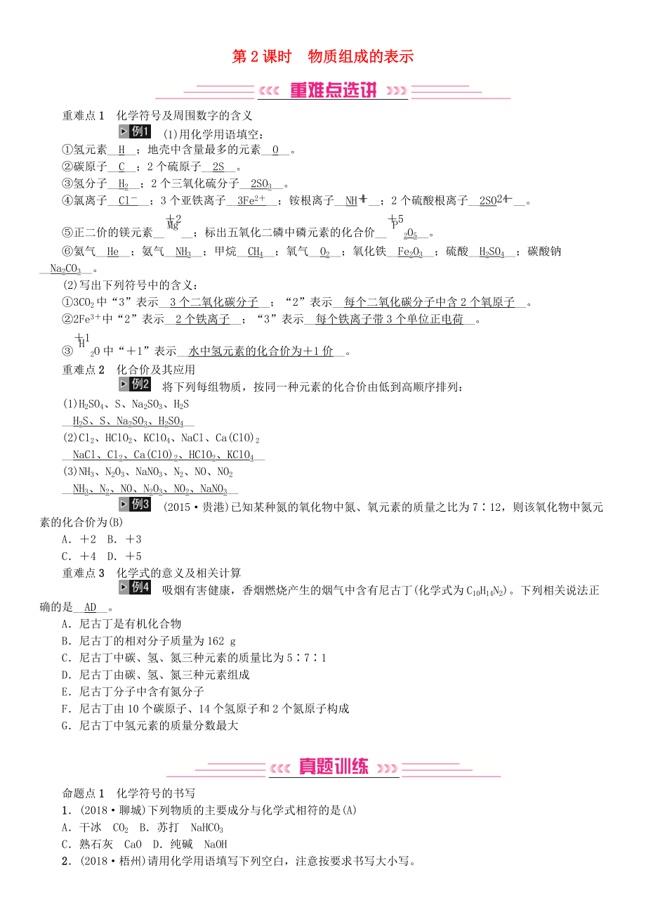 中考化學總復習 教材考點梳理 第四單元 我們周圍的空氣 第2課時 物質(zhì)組成的表示練習 魯教版_第1頁