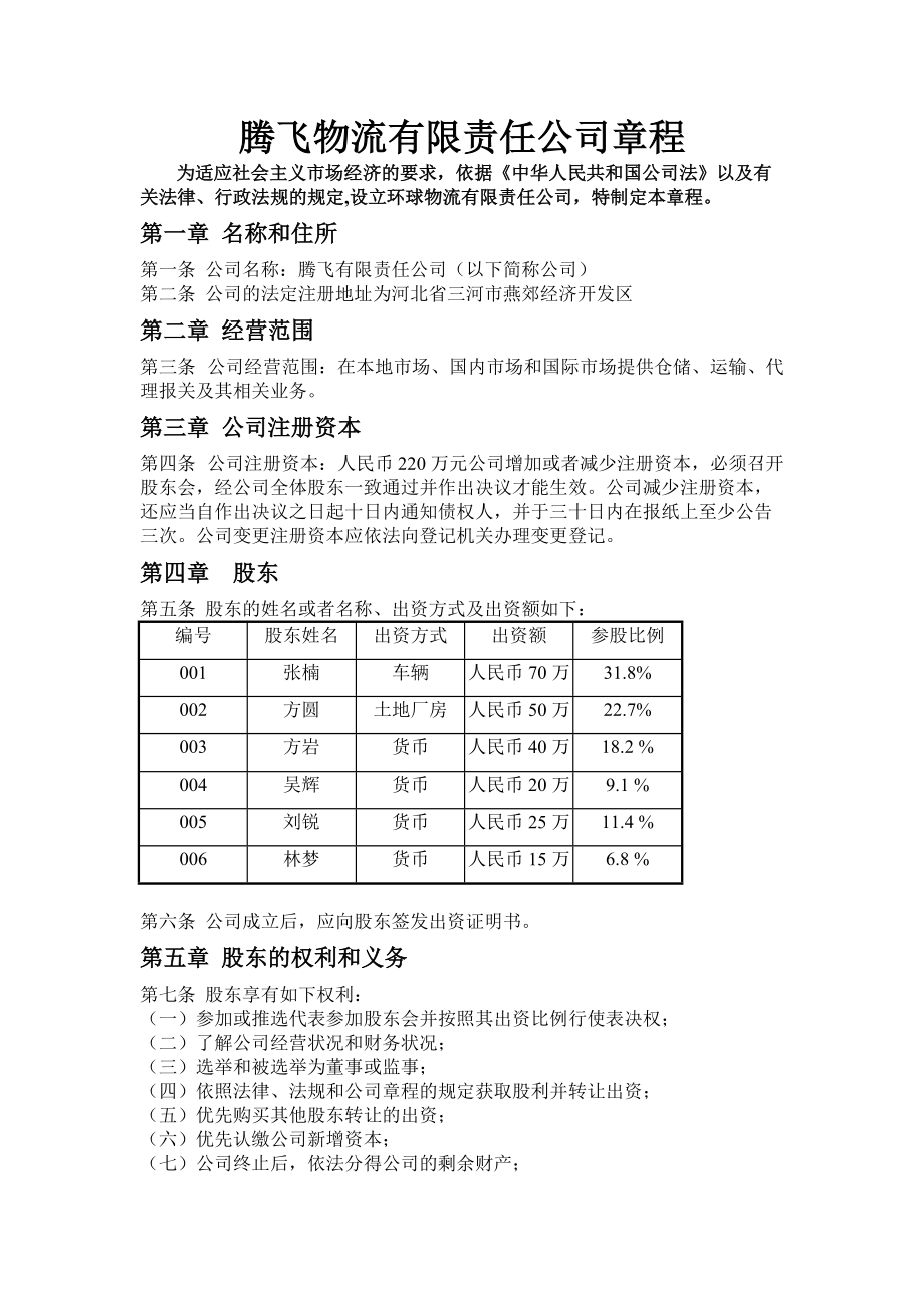 腾飞物流有限责任公司章程_第1页