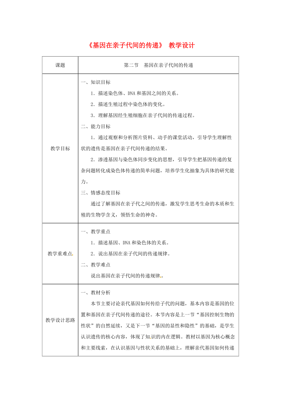 吉林省榆樹市八年級生物下冊 第七單元 第二章 第二節(jié) 基因在親子代間的傳遞教案 新版新人教版_第1頁